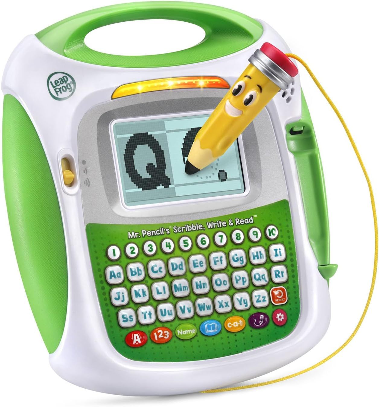 Displays the core LeapFrog learning tablet product clearly on a white background, showing its key features including the screen, keyboard, and attached stylus to help parents understand what they…