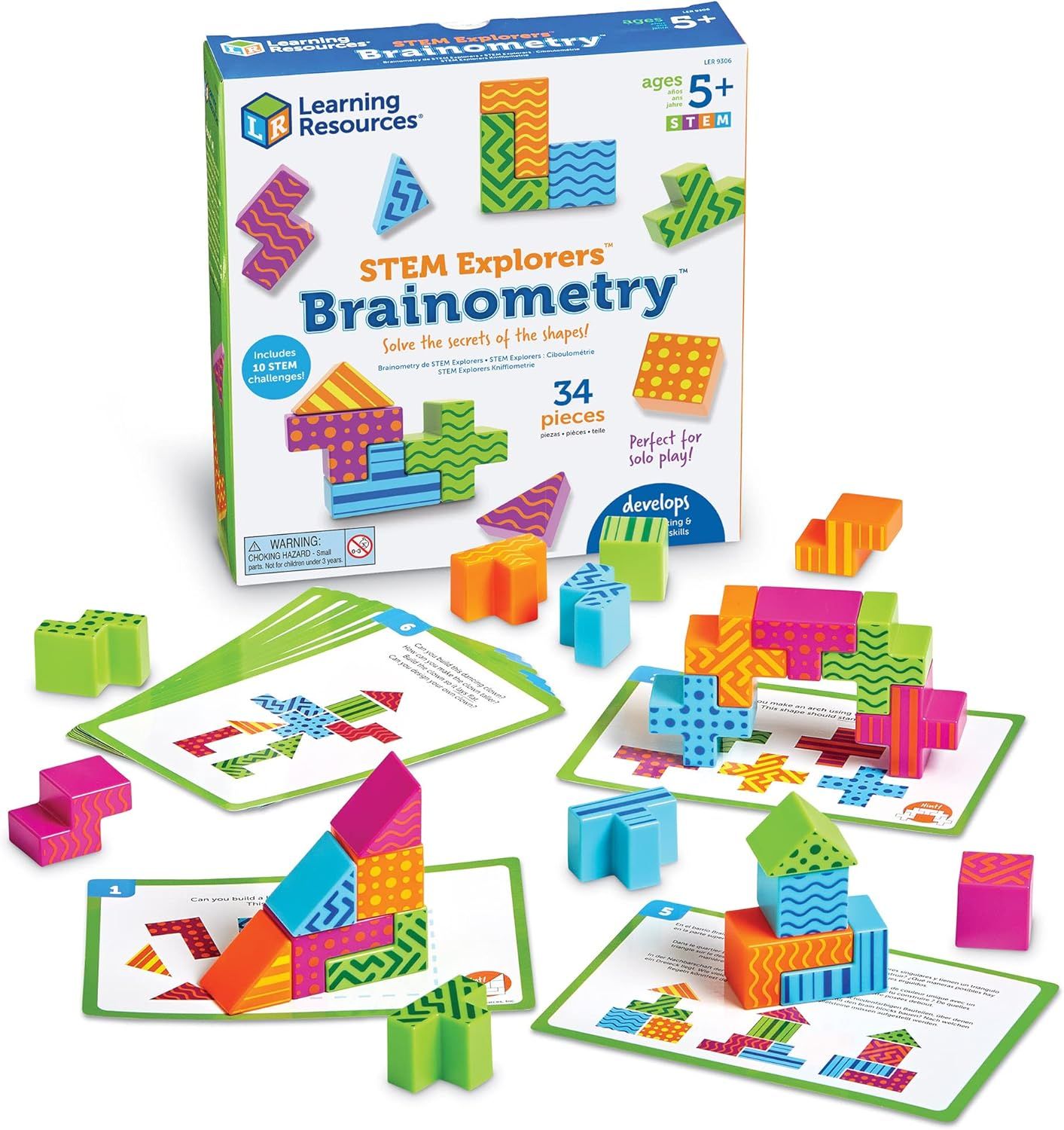 Shows the complete Brainometry STEM learning toy set including all 34 pieces, challenge cards, and packaging to communicate the full contents and educational value of the product. Displays the…