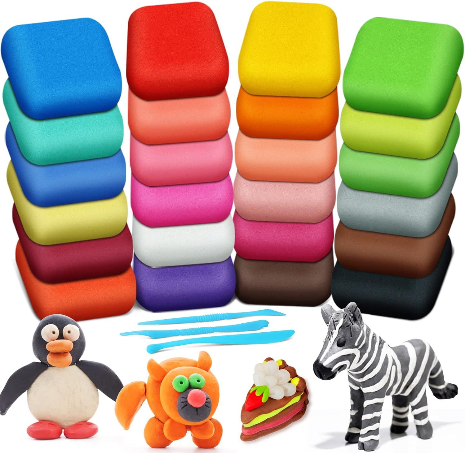 Shows the core product - a modeling clay set with multiple vibrant colors stacked in organized columns, demonstrating the variety and quantity included in the set. Displays the wide range of color…