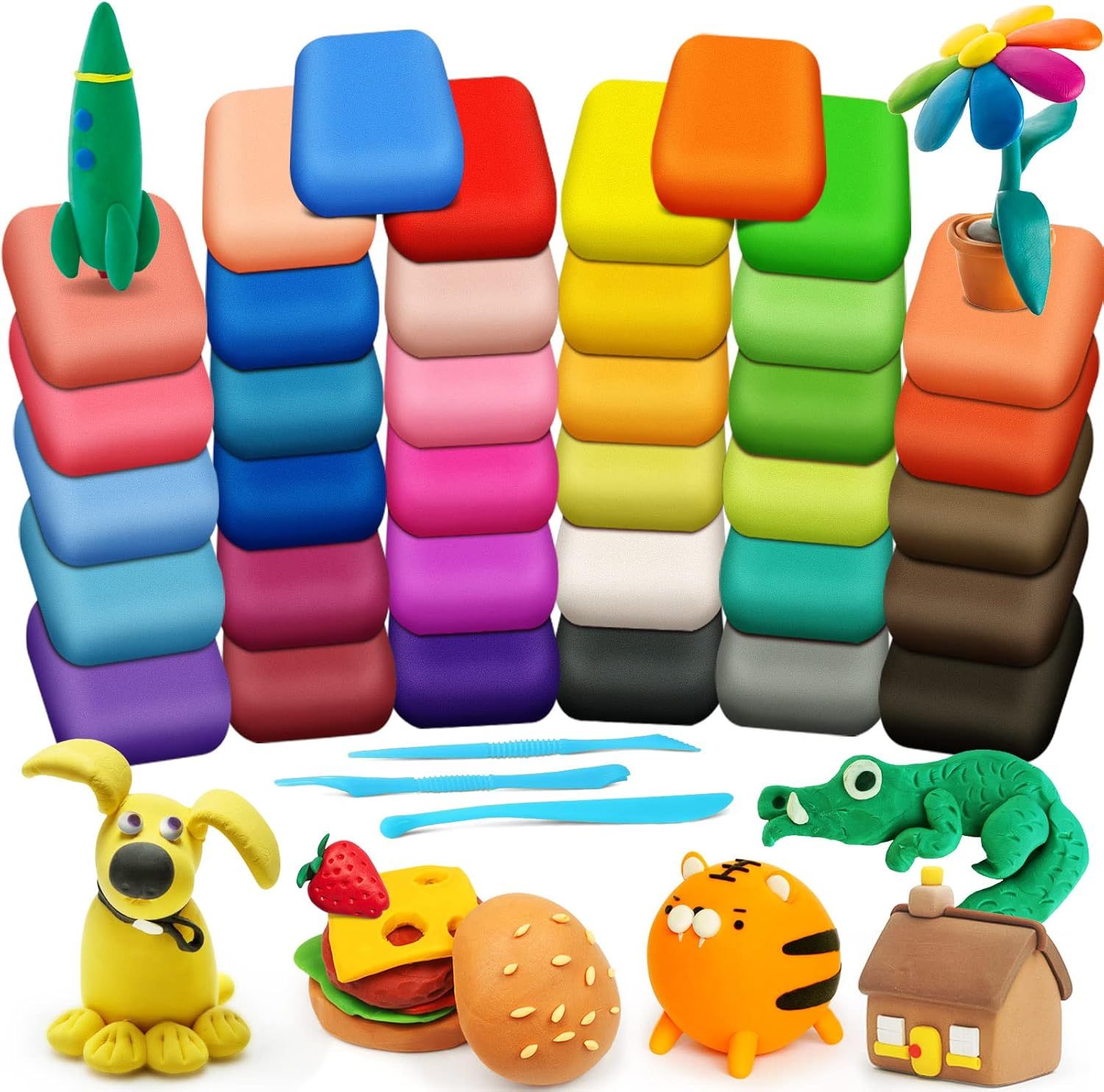 Shows the complete modeling clay set with all included colors and demonstrates the creative possibilities through example sculpted figures, reassuring parents and kids about the variety and fun…