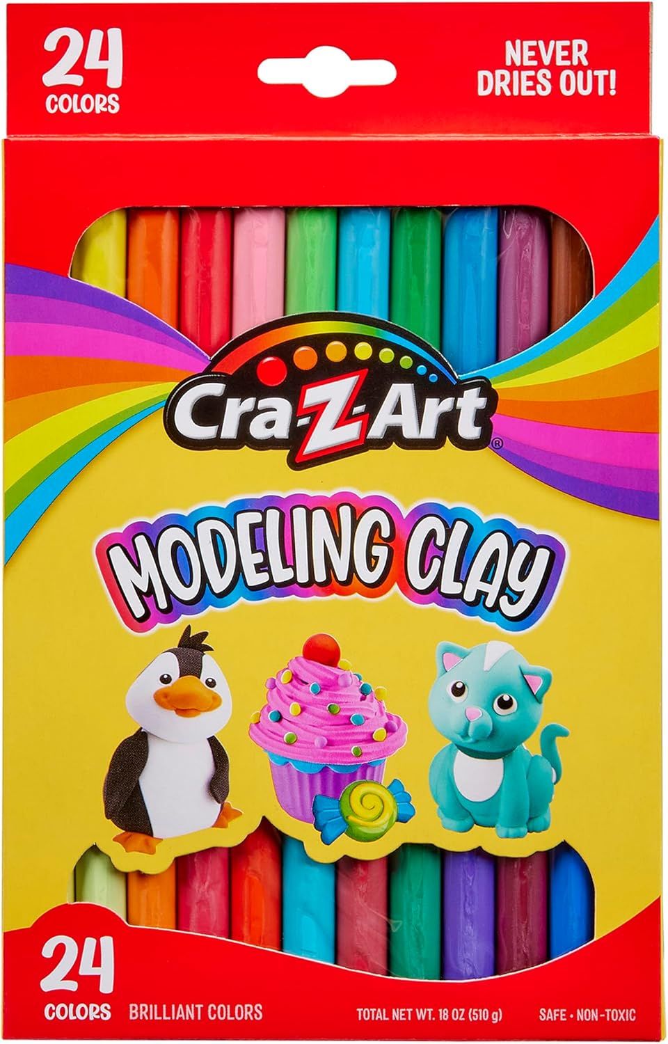 Shows the retail packaging to communicate the product's variety (24 colors), key benefit (never dries out), and quality (brilliant colors), helping shoppers understand what they will receive.…