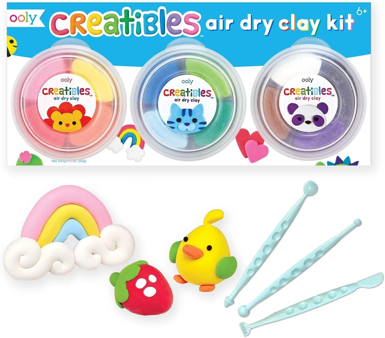 Shows the complete air dry clay kit with three color containers and included sculpting tools, communicating the creative possibilities and what is included in the purchase. Displays the included…