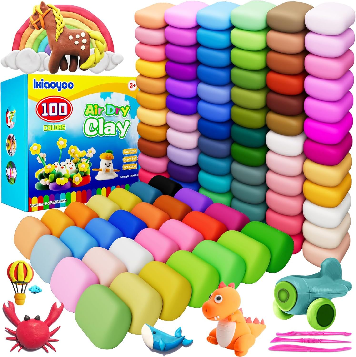 Displays the complete air dry clay set with all 100 colors arranged in an eye-catching rainbow pattern to showcase the extensive color variety and creative possibilities for children. Shows the…