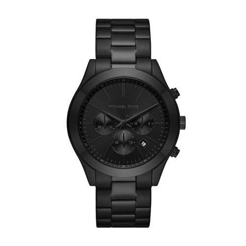 Displays the core product—a sleek black chronograph watch—in a clean catalog style to show the design, finish, and key features like the subdials and metal bracelet.