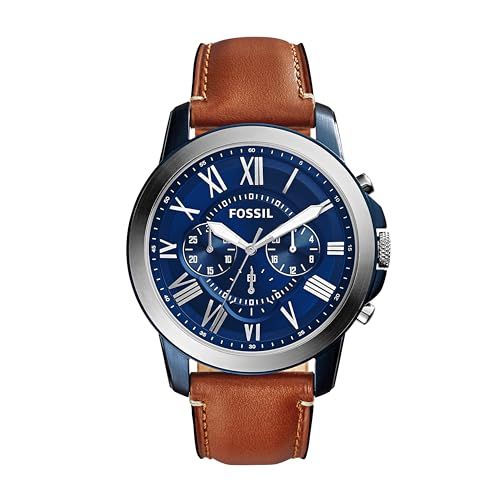 Displays the Fossil watch clearly on a white background to show the product design, blue dial with Roman numerals, chronograph subdials, and brown leather strap, allowing shoppers to see exactly…