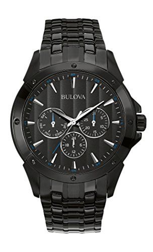 Shows the core product, a black Bulova chronograph watch, in a clean catalog-style presentation to communicate its design, features, and brand identity to potential buyers.