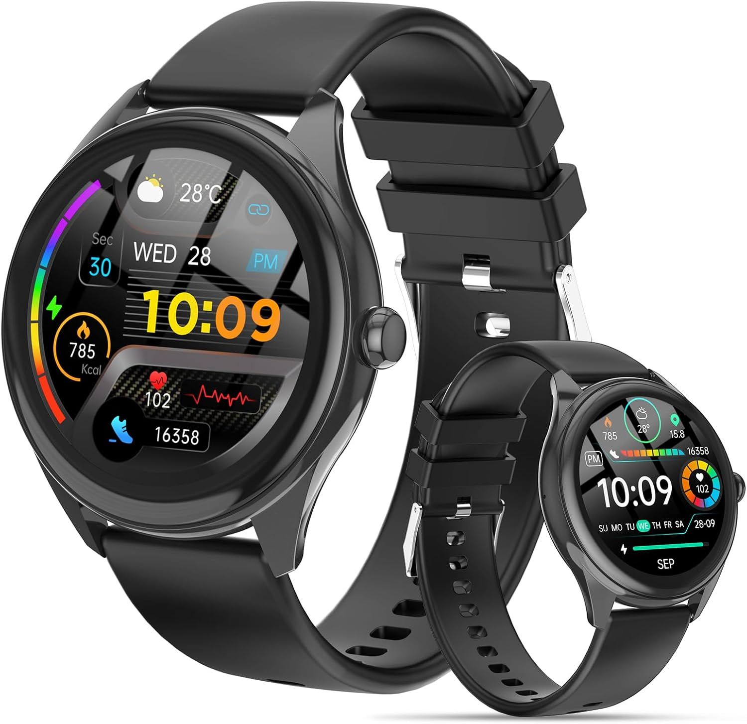 Shows the core smartwatch product with its display interface featuring time, fitness metrics, and health data to communicate the device's comprehensive tracking capabilities. Demonstrates that the…