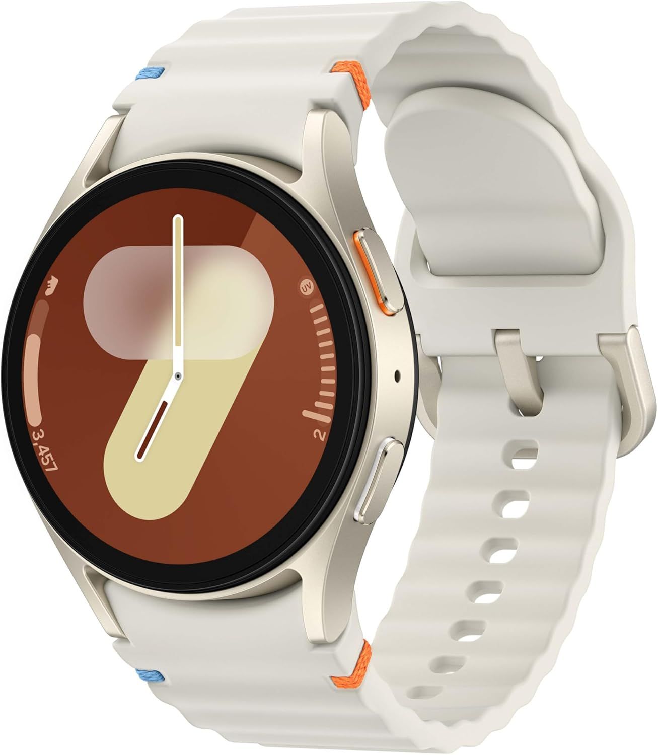Displays the core sellable product, a smartwatch with a white silicone band and orange accent details, clearly showing its design and appearance to help shoppers understand what they are purchasing.