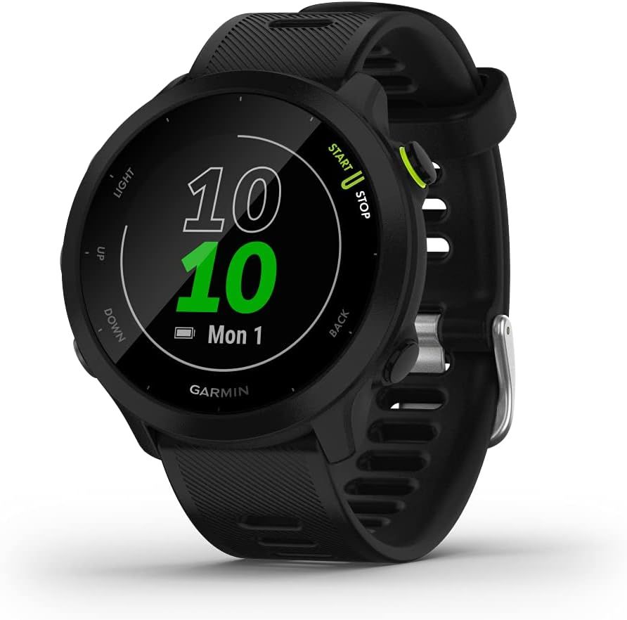 Shows the core Garmin smartwatch product with clear visibility of the watch face, band design, and physical controls to help shoppers understand what they are purchasing. Uses a subtle drop shadow…