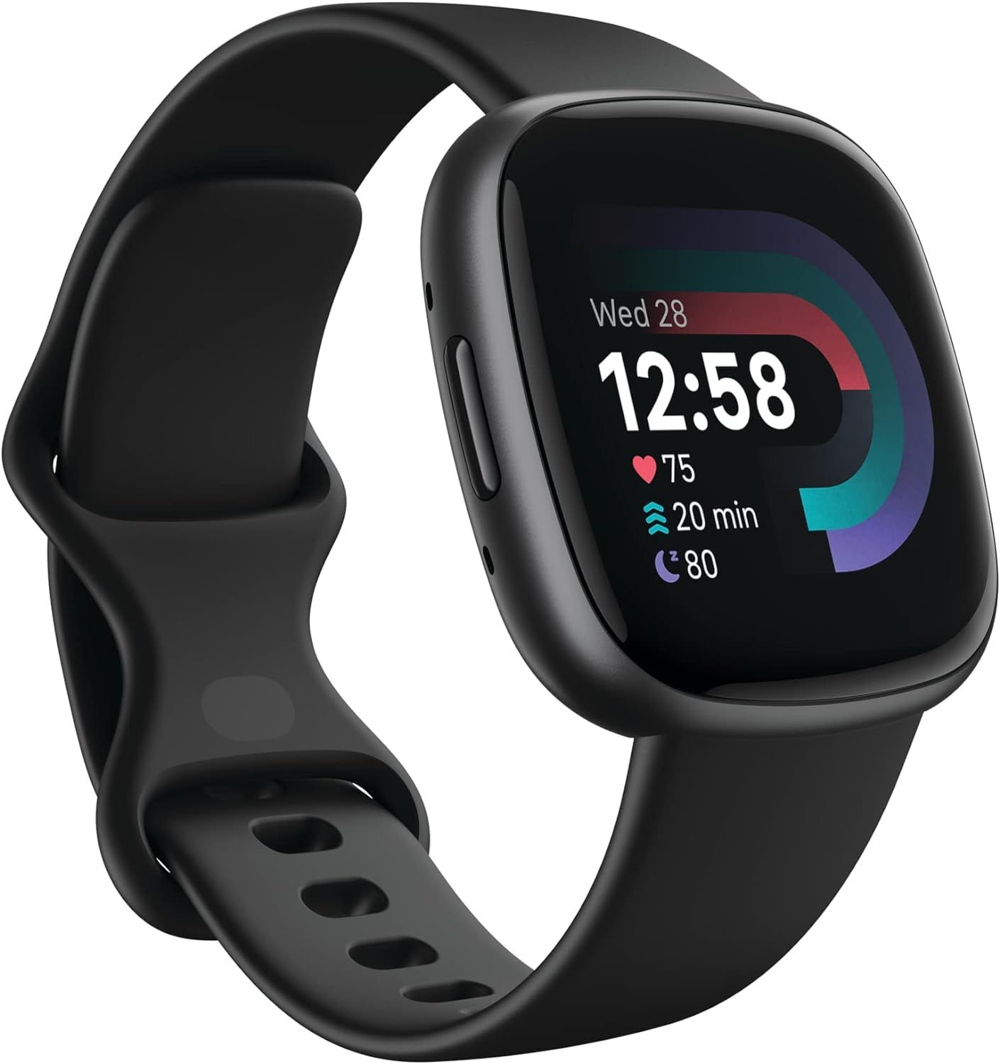 Shows the core product clearly with its active display featuring time, heart rate, activity tracking, and fitness metrics to communicate its primary function as a health and fitness smartwatch.…