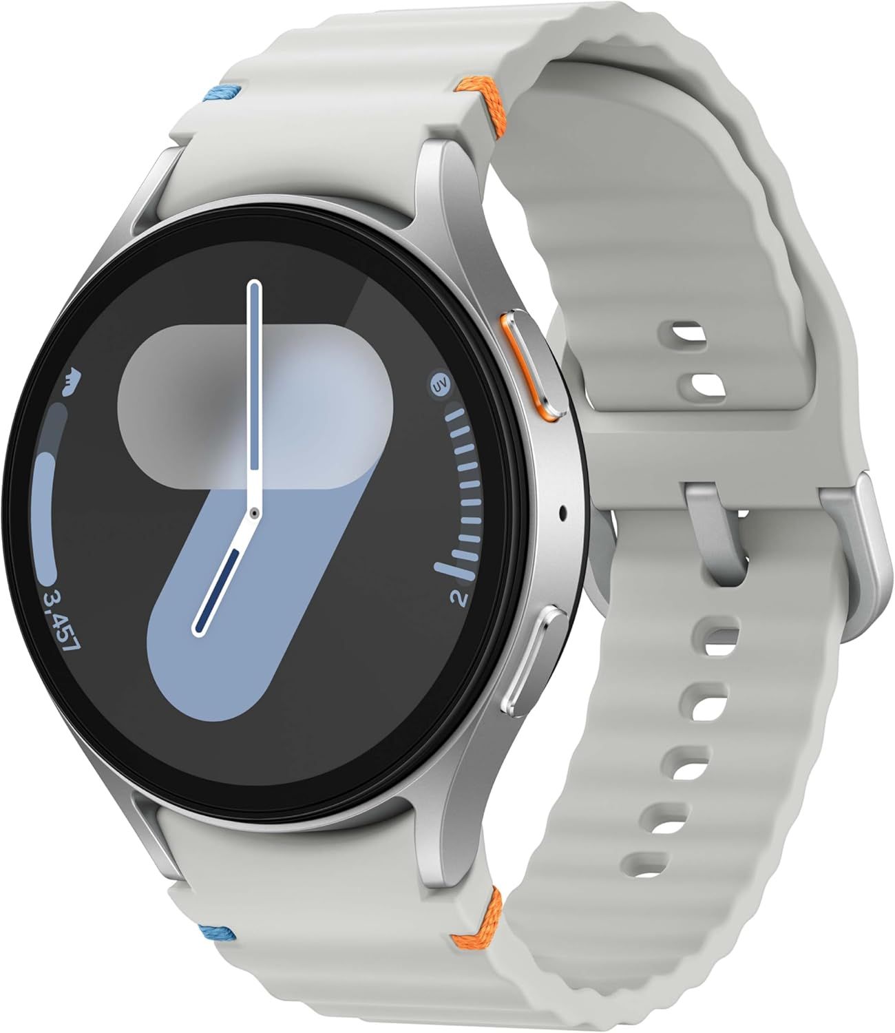 Displays the core sellable product—a smartwatch with a light gray silicone band and blue/orange accent details—in a clean catalog-style presentation to show shoppers exactly what they will receive.