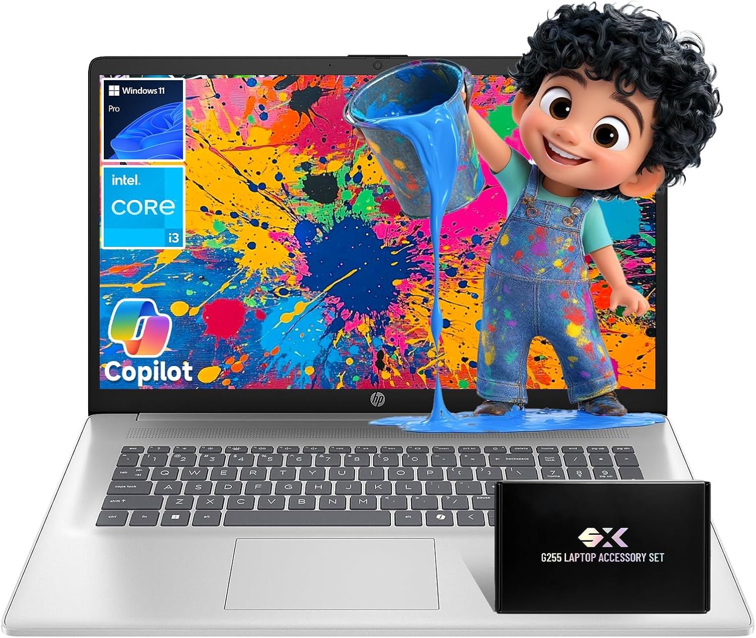 Displays the core laptop product with key specifications visible on screen to communicate the computing power and software features to potential buyers. Uses colorful animated character and paint…