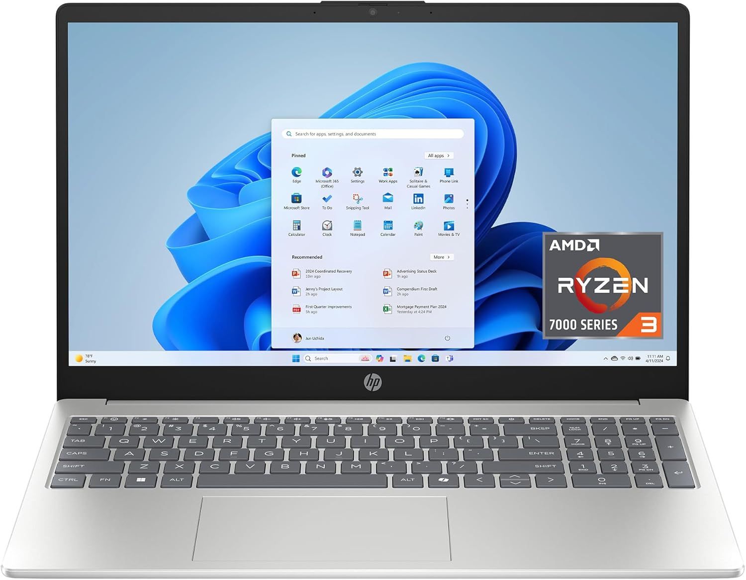 Displays the core sellable product, an HP laptop, showing its physical design, screen display with Windows 11 interface, and keyboard layout to help shoppers understand what they are purchasing.…
