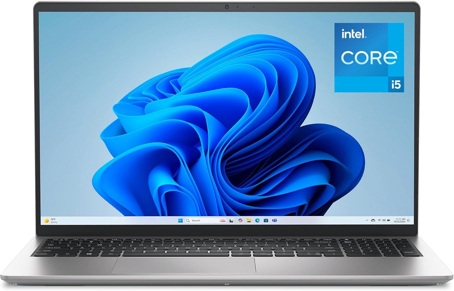 Shows the complete laptop product with screen on to communicate its modern design and Intel Core i5 processing power, helping shoppers visualize the actual product they will receive. Displays the…