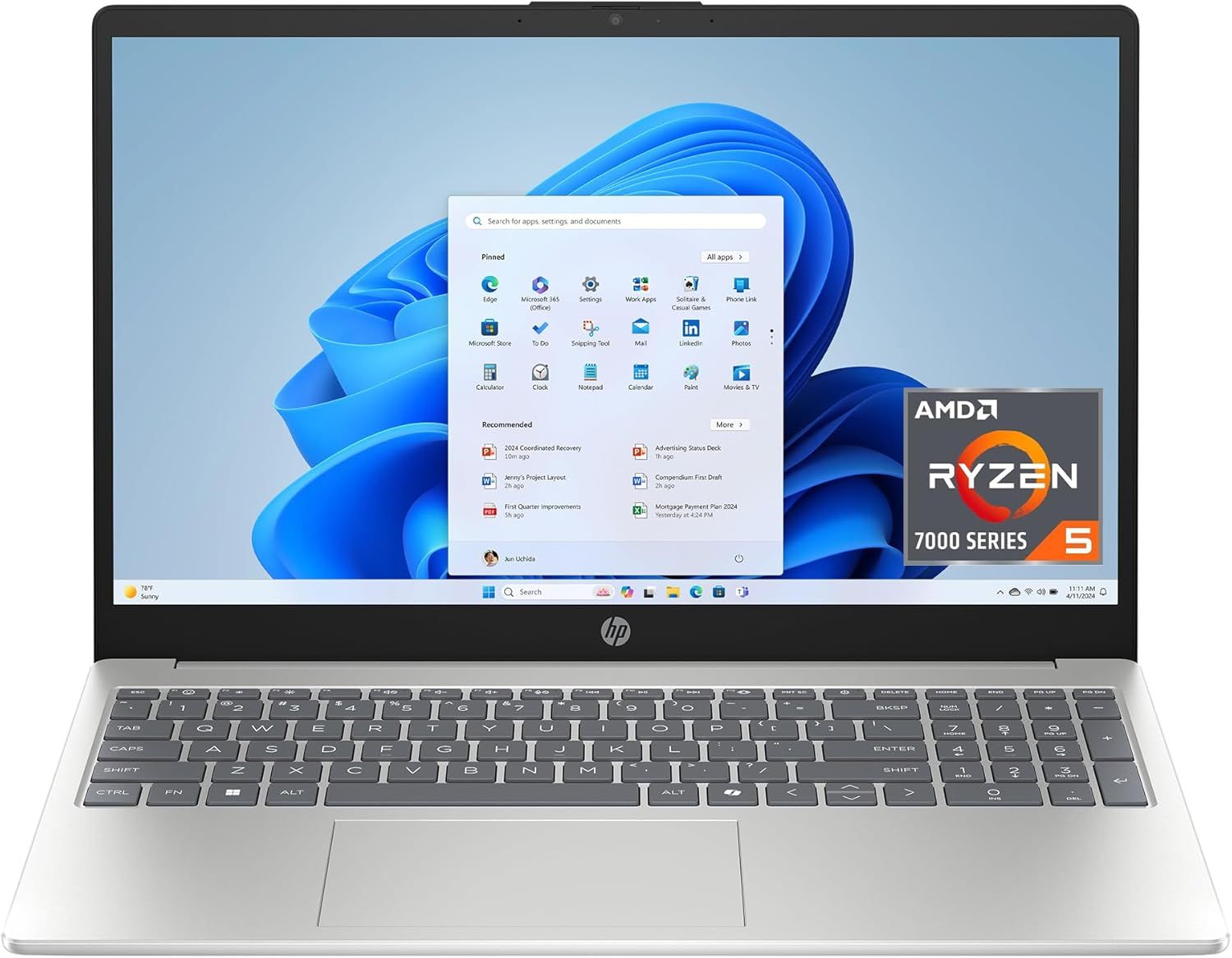 Displays the core sellable product, an HP laptop, showing its physical design, screen display with Windows 11 interface, and keyboard layout to help shoppers understand what they are purchasing.…