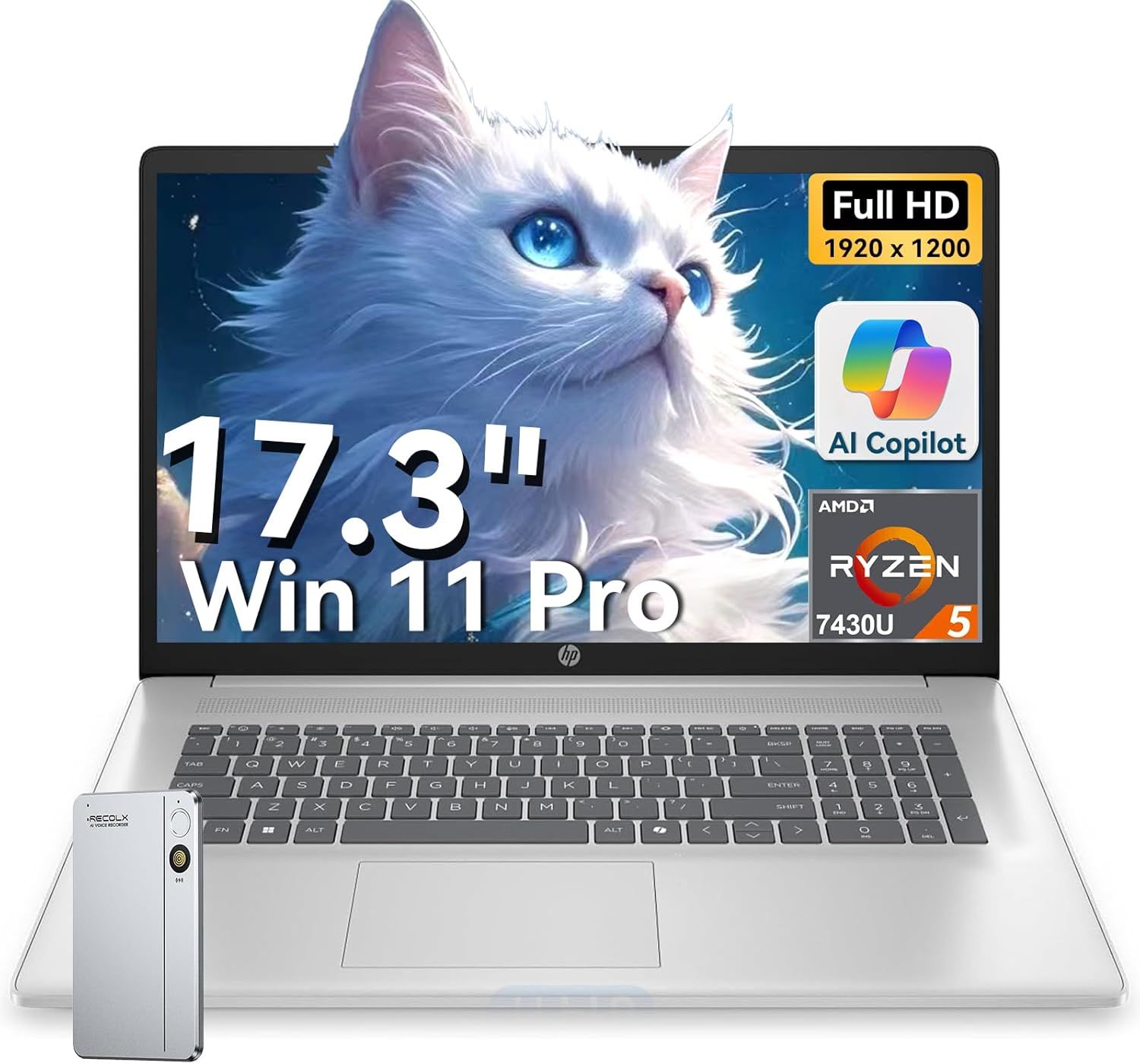 Displays the laptop as the core product with key technical specifications prominently shown on screen to communicate its size, operating system, processor power, display quality, and AI capabilities…