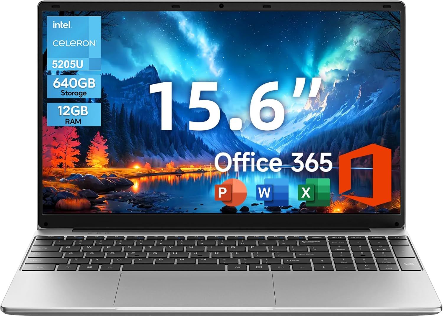 Shows the core product, a laptop, with its screen displaying key technical specifications to inform the shopper about what they are purchasing. Uses graphic overlays on the laptop screen to…