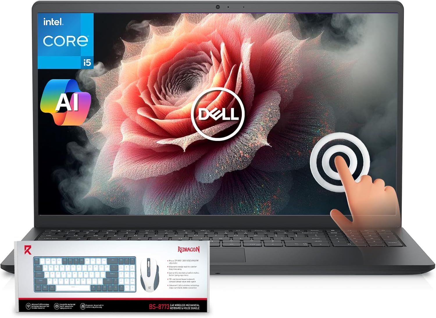 Shows the core product, a Dell laptop with visible specs and touchscreen functionality, alongside an included keyboard and mouse bundle to communicate the complete package the buyer receives.…