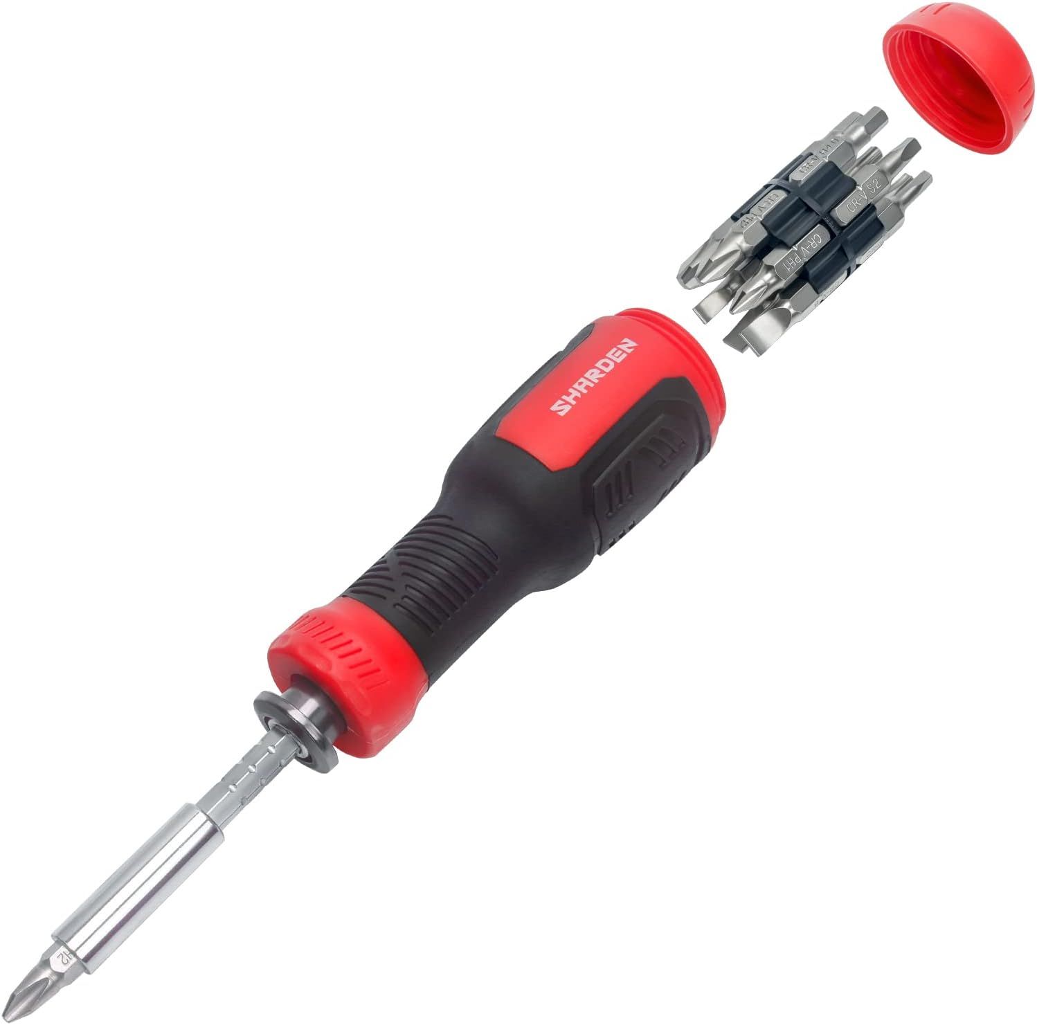 Shows the core product clearly on a white background, displaying the screwdriver handle with multiple interchangeable bits stored in the cap to communicate the versatility and convenience of the…
