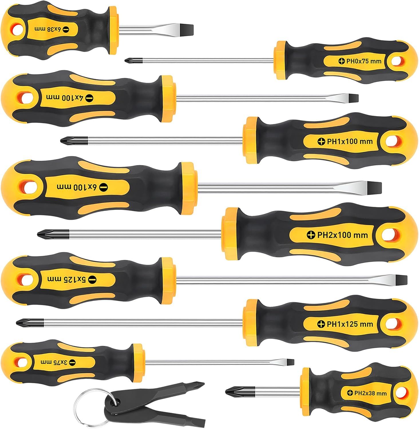 Shows the complete range of screwdriver sizes and tip types available, allowing shoppers to see all the selectable options in the product line.