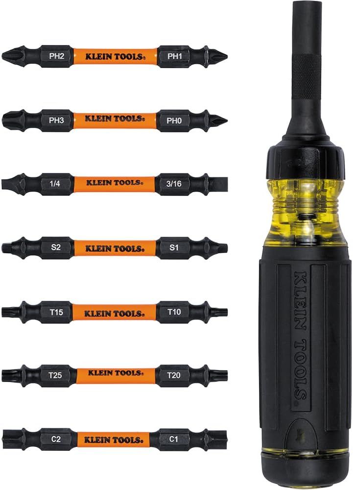 Displays the complete Klein Tools screwdriver system with all included double-ended bits and the main driver handle, allowing shoppers to see the full kit contents and variety of bit types…