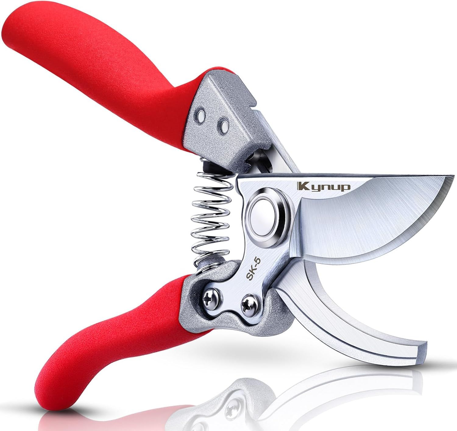 Displays the pruning shears as the core product with clear visibility of its sharp blade, spring mechanism, and comfortable red grip handles to communicate quality and functionality. Uses a subtle…