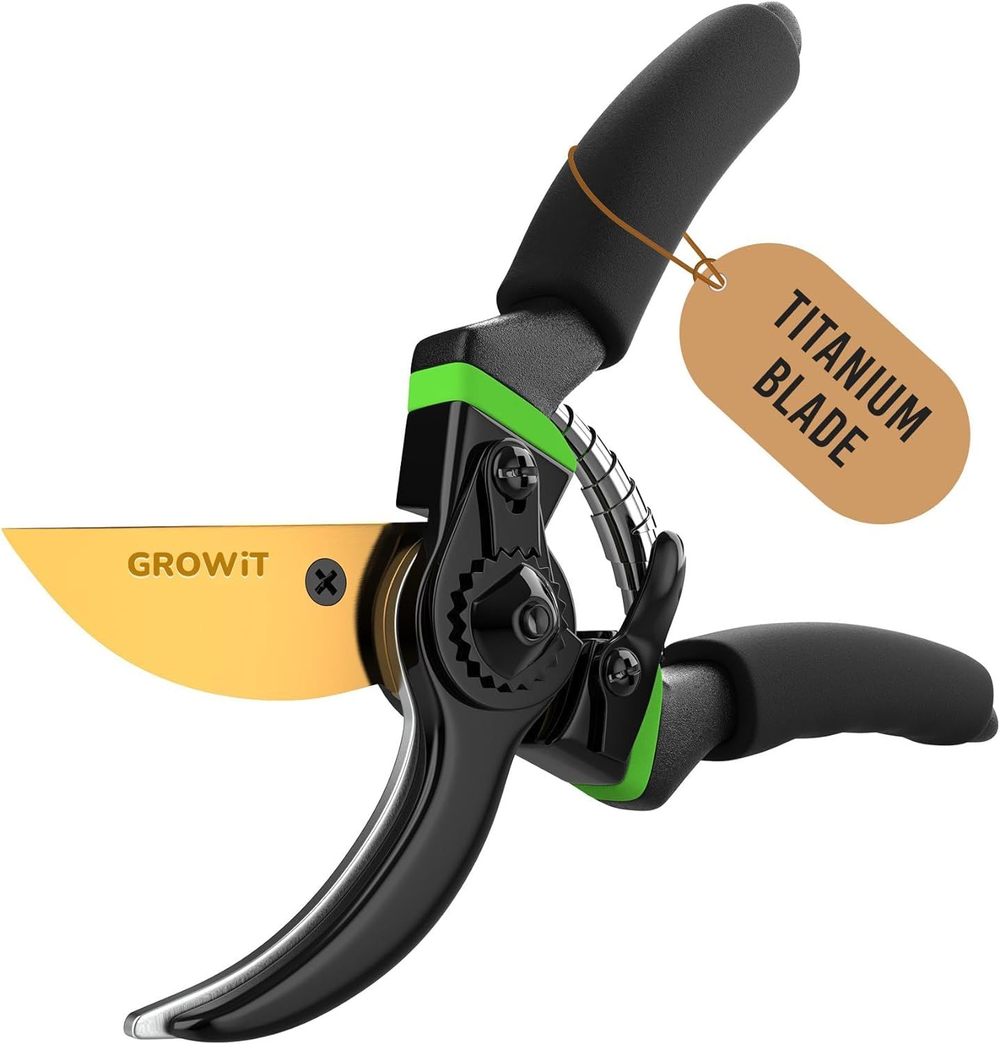 Displays the core product, a pruning shear with a titanium blade and ergonomic handle, to show shoppers what they will receive and highlight its premium construction and comfortable design. Uses a…