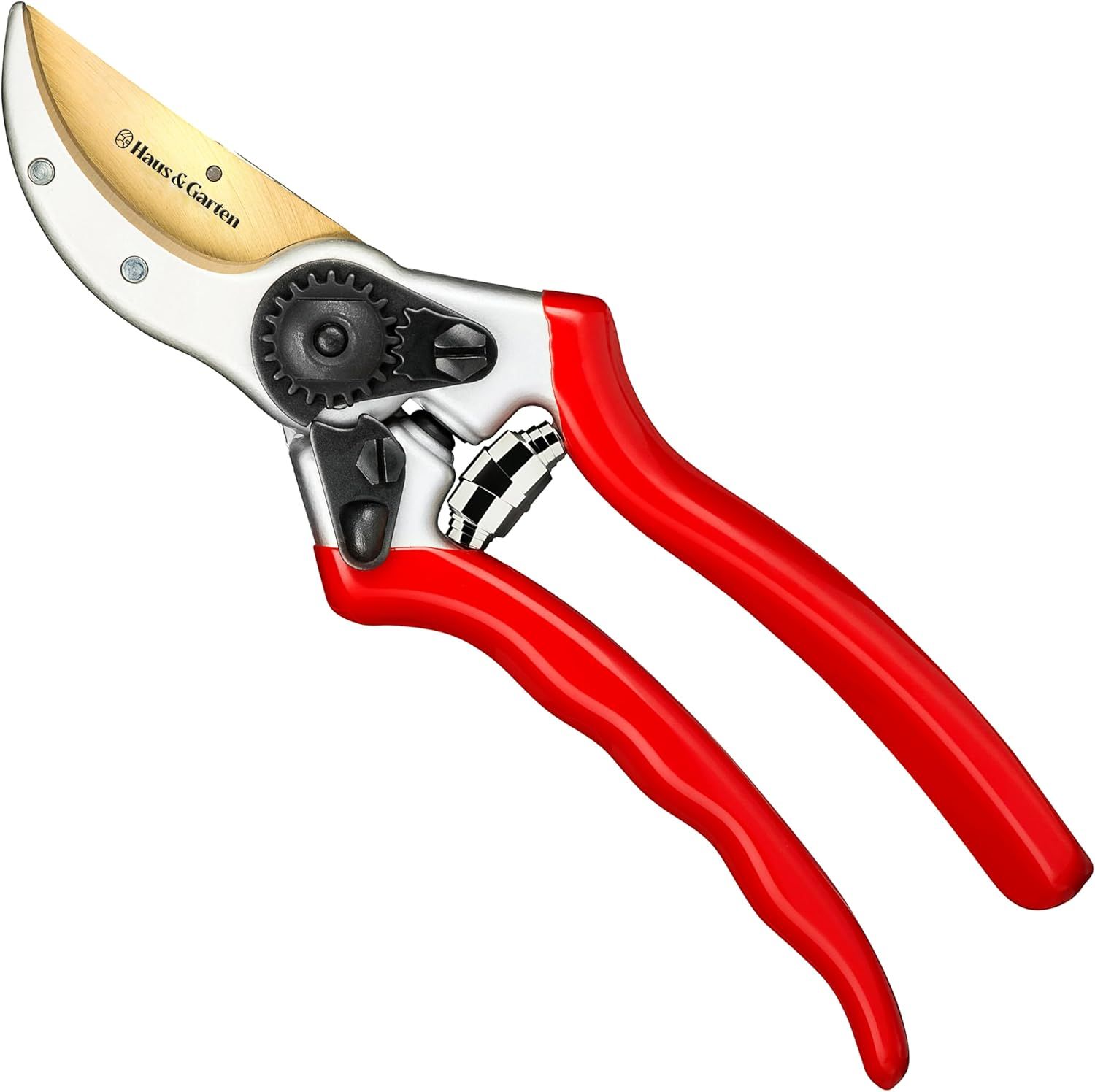 Displays the core product clearly on a white background to show the pruning shears design, including the curved blade, gear mechanism, wooden handle accent, and bright red ergonomic grips.