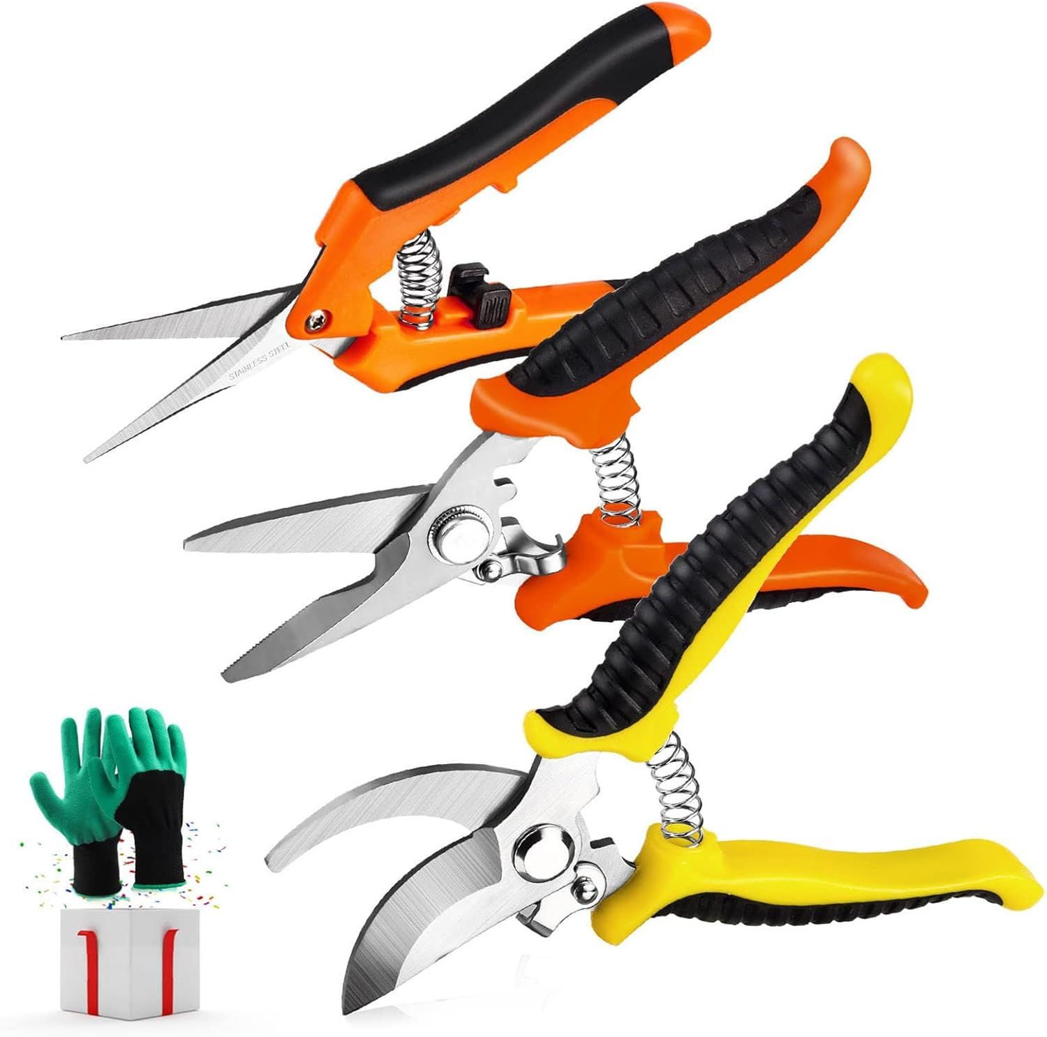 Displays the core sellable product - a set of three pruning shears in different colors (orange, yellow) with ergonomic handles, clearly showing the product details and variations available. Shows…