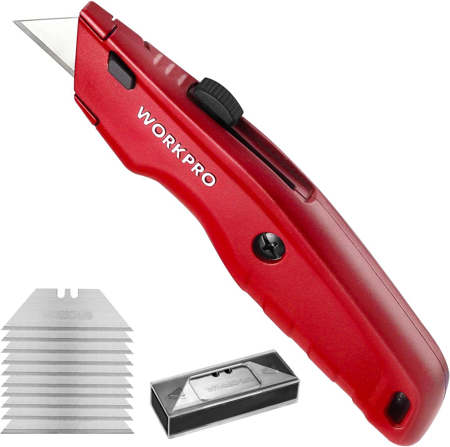 Shows the core product clearly - a red WORKPRO utility knife with retractable blade mechanism and ergonomic design to help shoppers understand what they are purchasing. Demonstrates that the…