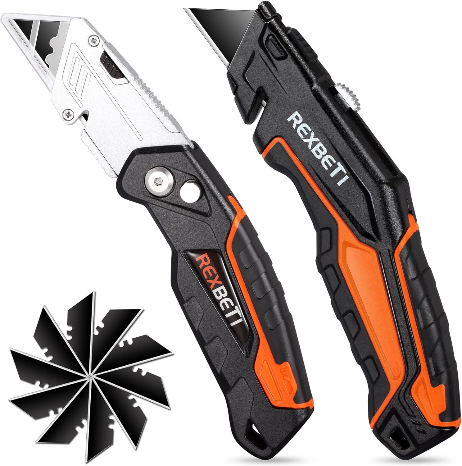 Displays the core product—a folding utility knife with ergonomic black and orange handles—showing both closed and open positions to communicate its design and functionality. Shows the additional…