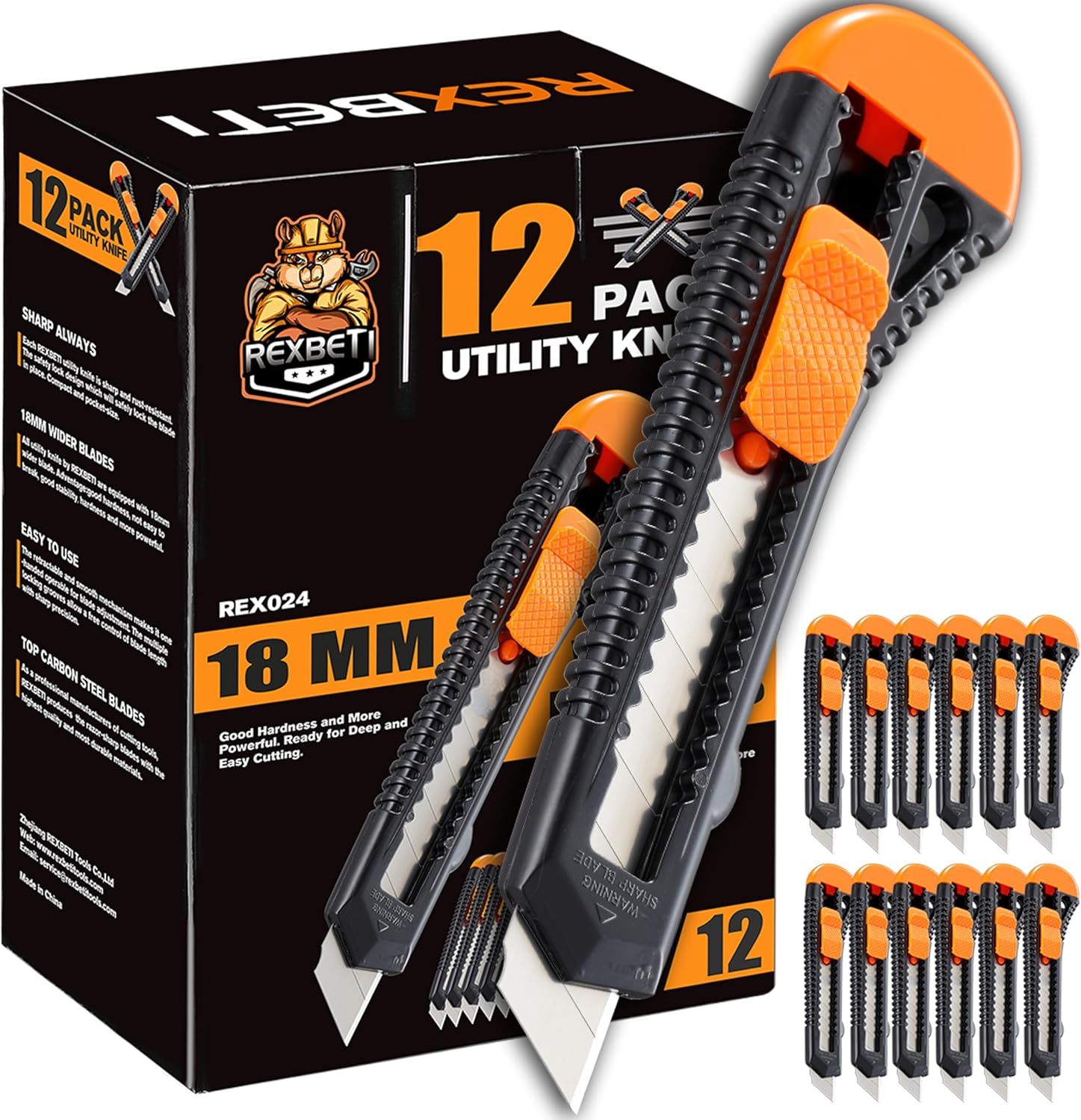 Shows the complete product set including utility knives and replacement blades to communicate the full value of the 12-pack bundle and what the buyer receives. Highlights the included replacement…