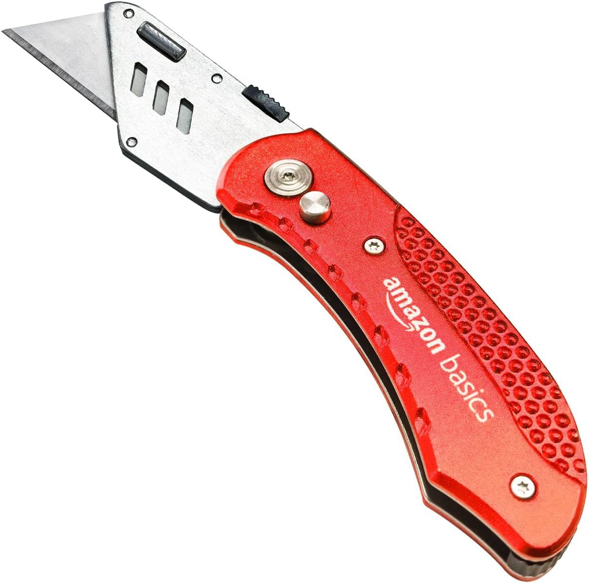 Shows the core product clearly on a white background to communicate what the buyer will receive - a folding utility knife with an extended blade and branded red handle.
