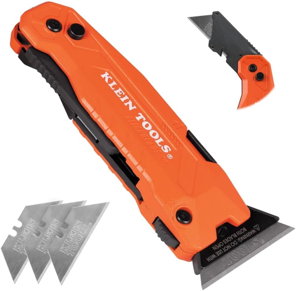 Shows the core product - a Klein Tools folding utility knife - in both closed and open positions to demonstrate its compact folding design and functionality. Displays the three replacement blades…