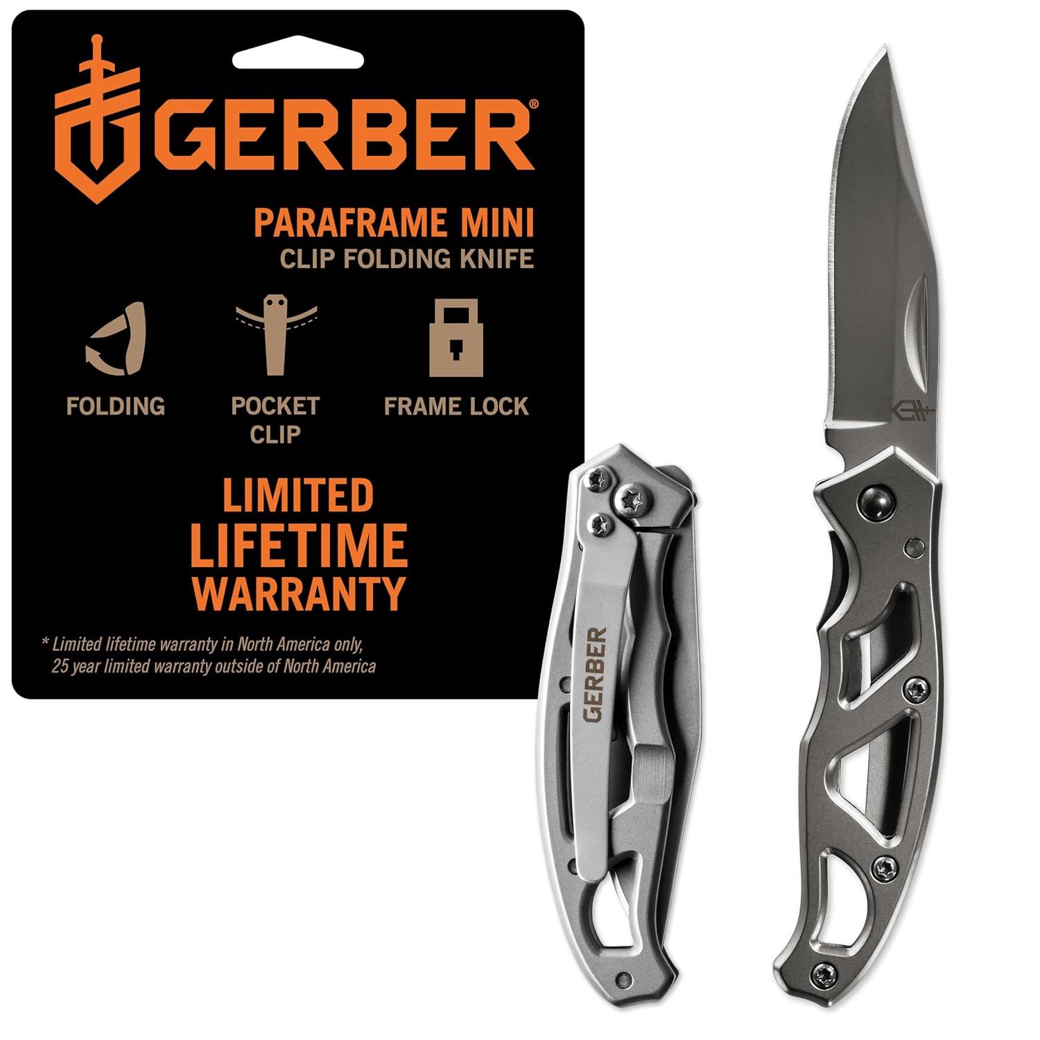 Displays the Gerber Paraframe Mini folding knife in both closed and open positions to show the core product and its compact folding functionality. Shows the retail packaging with brand identity and…