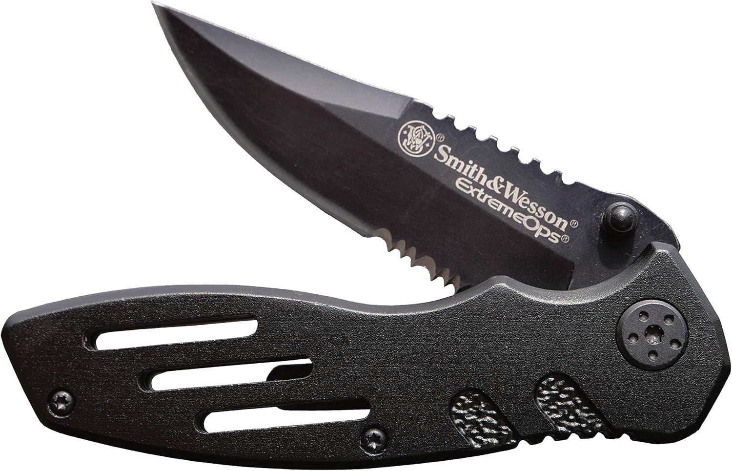 Displays the core product, a Smith & Wesson Extreme Ops folding knife, clearly showing its design, branding, and key features like the serrated blade and textured handle to help shoppers understand…