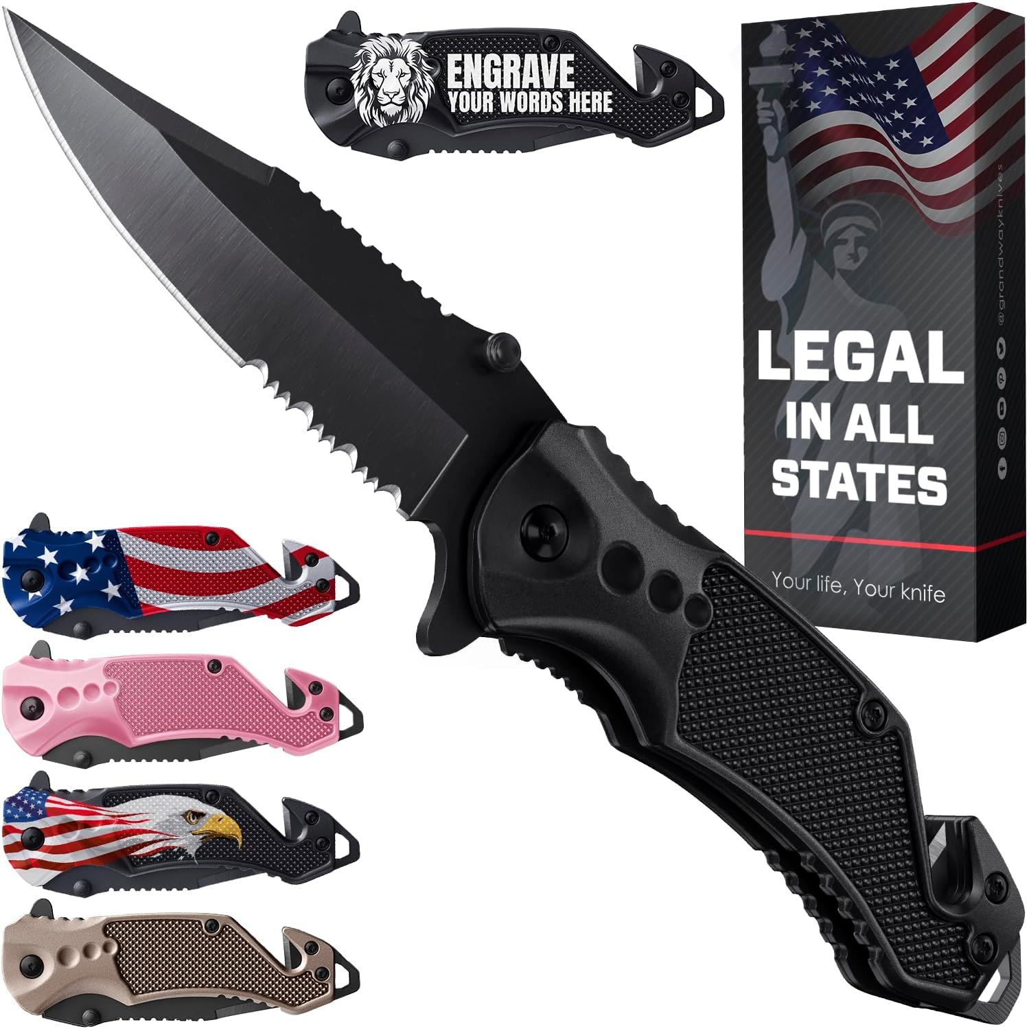 Displays the core product—a black folding tactical knife with serrated blade—clearly and prominently to show shoppers exactly what they are purchasing. Shows multiple selectable design variants…
