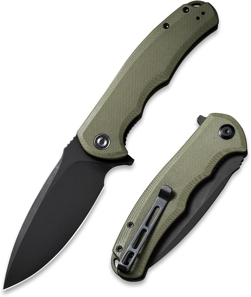 Displays the core product clearly from multiple angles to show the knife's design, textured olive-green handle, black blade, and pocket clip functionality. Demonstrates the knife in both open and…