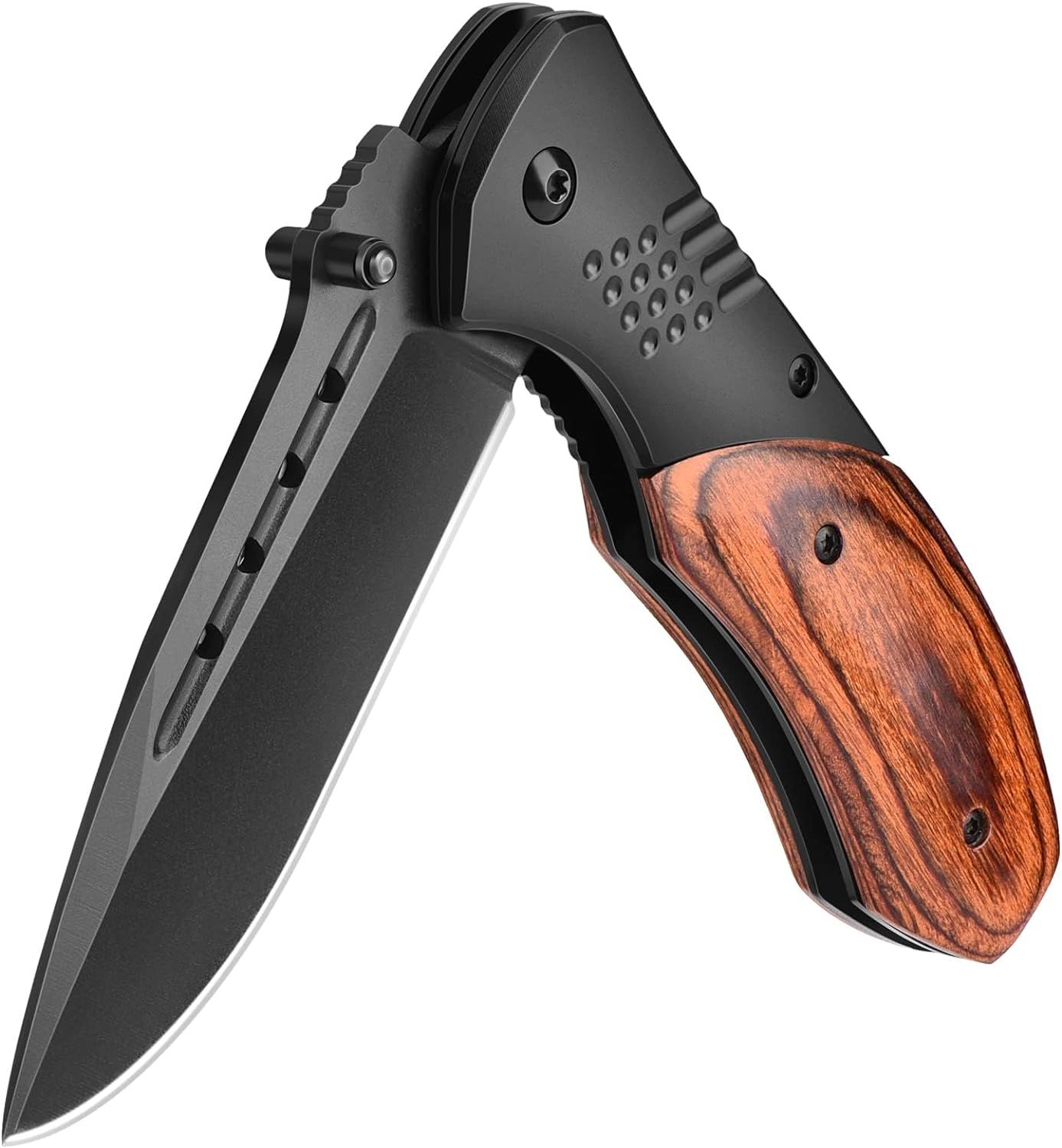 Shows the core product, a folding knife with a distinctive wood handle, clearly displaying its design and construction to help shoppers understand what they are purchasing. Demonstrates the knife's…