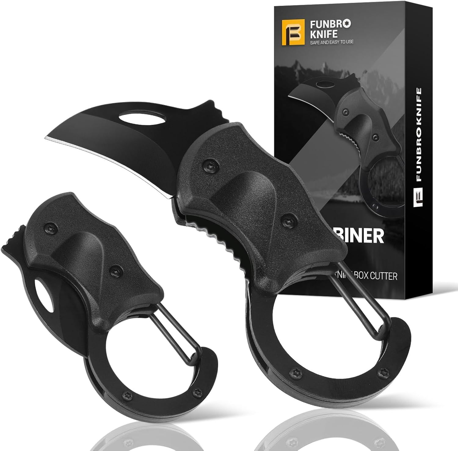 Displays the core product clearly—two tactical ring knives with curved blades and ergonomic handles—so shoppers can see exactly what they are purchasing. Shows the retail packaging the product…