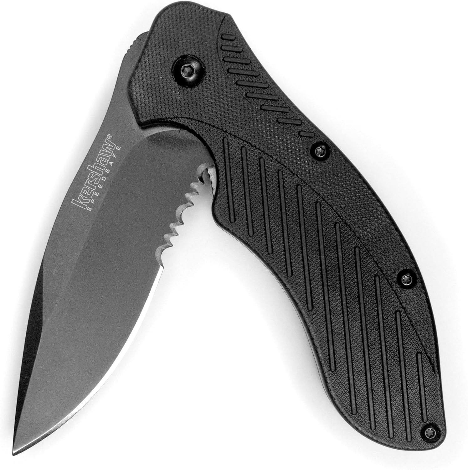 Displays the core folding knife product with clear visibility of its textured handle design and partially serrated blade, communicating the product's tactical design and functional features to…
