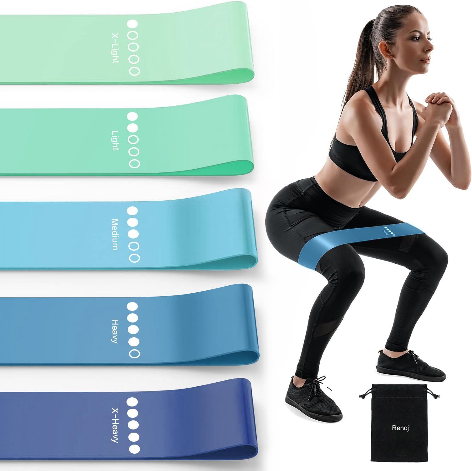 Shows the complete set of resistance bands in different colors representing varying resistance levels, demonstrating the product's versatility for different workout intensities. Demonstrates how the…