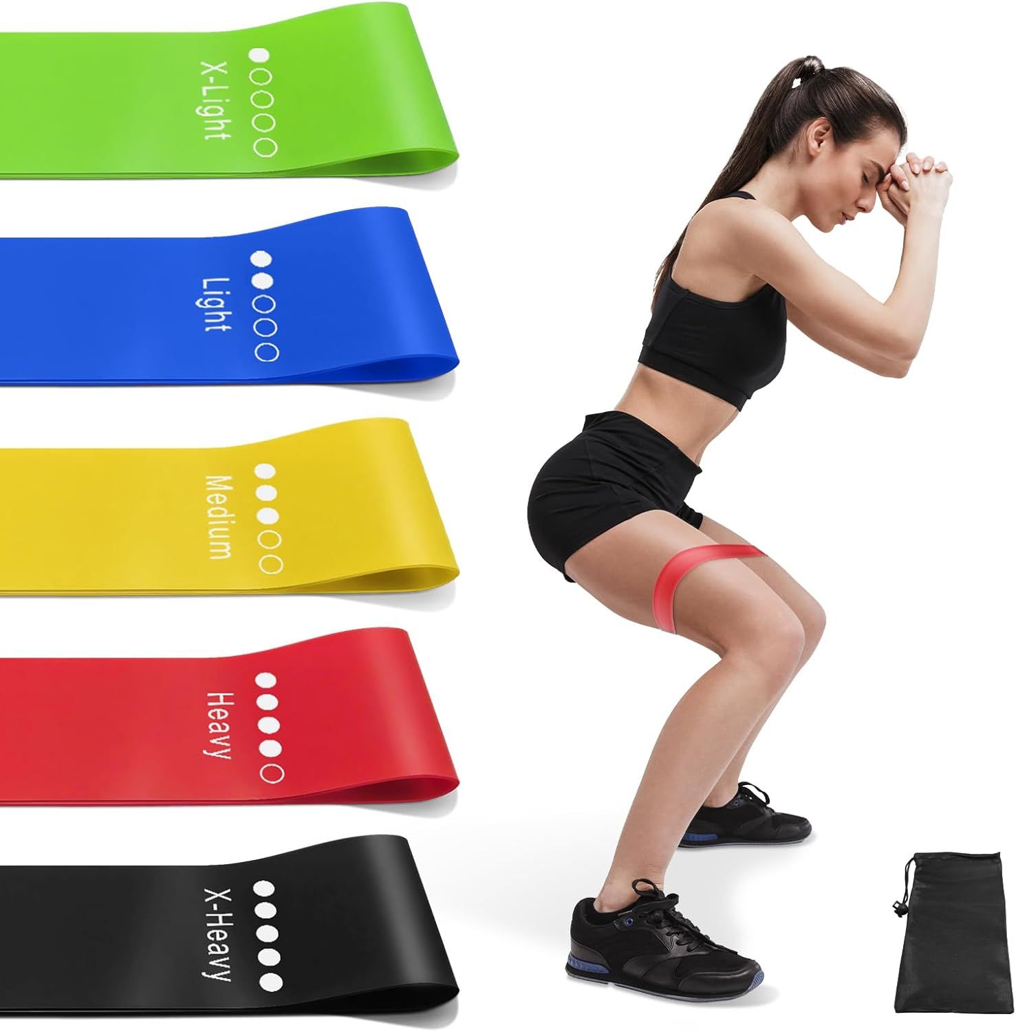 Shows the complete set of resistance bands in different colors representing various resistance levels, demonstrating the product variety and options available for different workout intensities.…