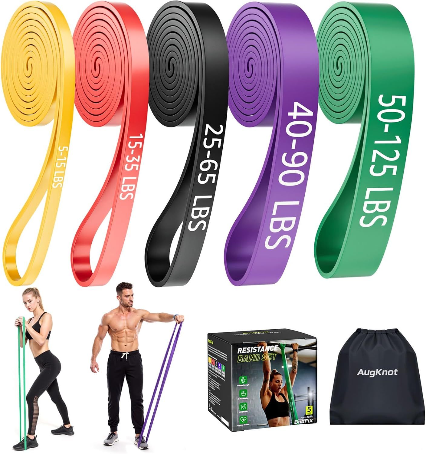 Shows the five different resistance band options available for selection, each color-coded with weight specifications to help shoppers choose the appropriate strength level for their fitness needs.…