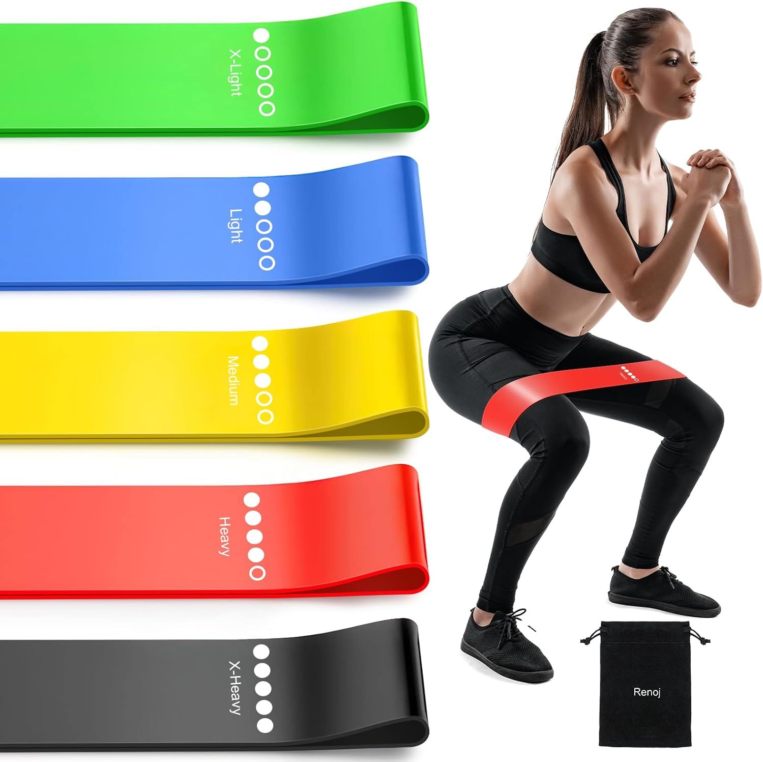 Shows the product is available in five different resistance levels (X-Light, Light, Medium, Heavy, X-Heavy) indicated by color-coded bands, allowing shoppers to choose the appropriate strength for…