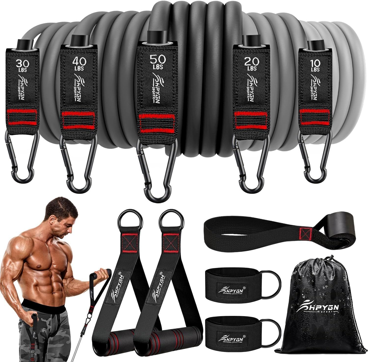 Displays the core product—a complete resistance band set with clearly labeled weight increments (10-50 lbs) and included accessories—to show shoppers exactly what they will receive and the variety…