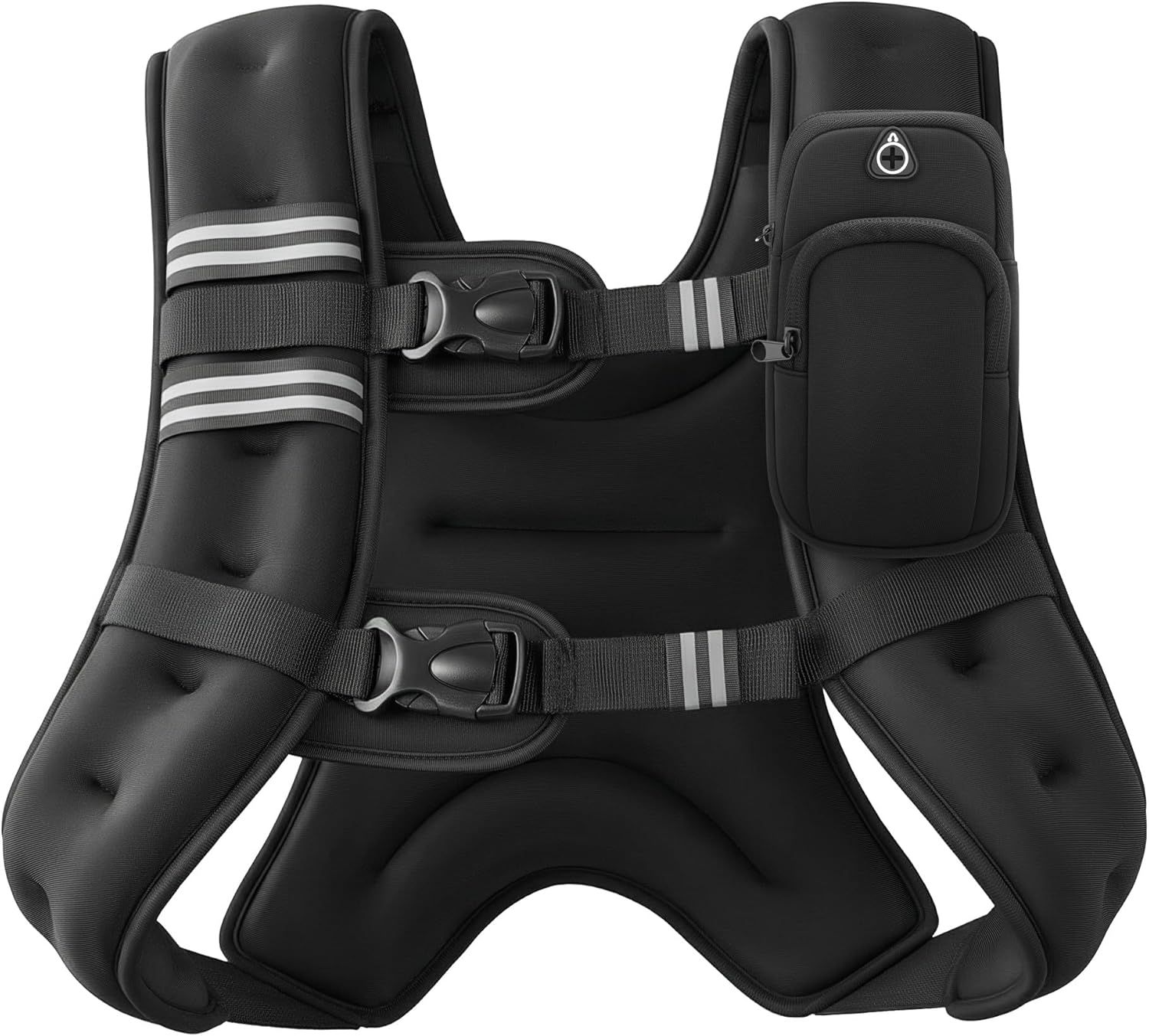 Displays the core product clearly on a white background to show the weighted vest design, adjustable straps with reflective details, and integrated storage pocket for carrying essentials during…