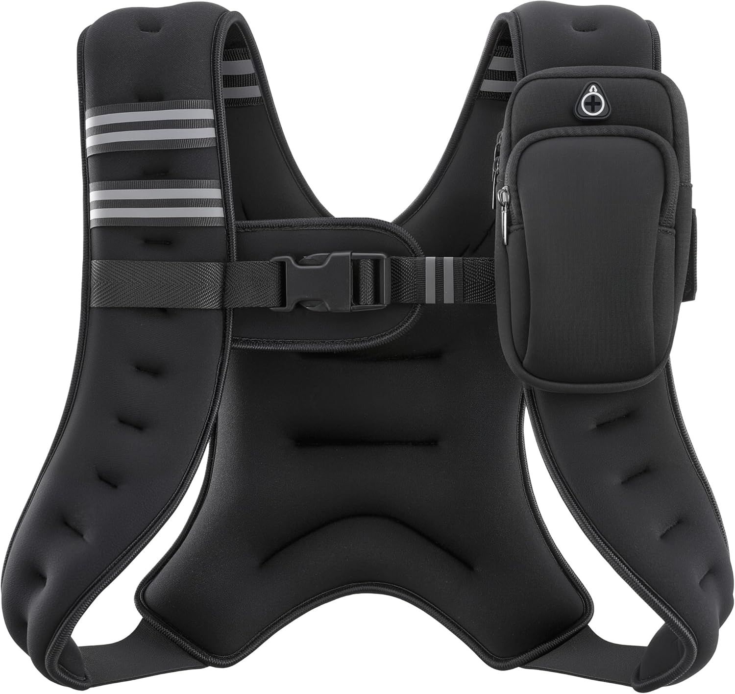 Displays the core product clearly on a white background to show the weighted vest design, reflective stripes for visibility, adjustable chest strap, and attached storage pouch for carrying…