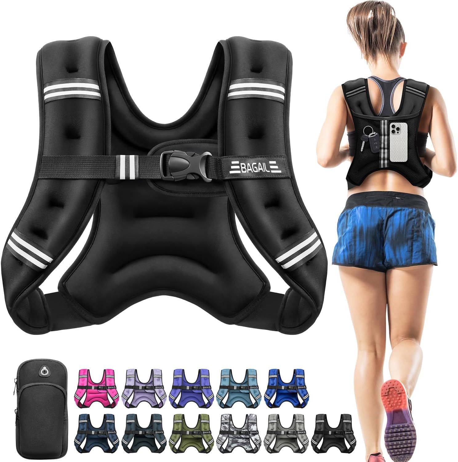 Shows the shopper the multiple color and pattern options available for the weighted vest, allowing them to choose their preferred style. Demonstrates how the weighted vest fits and looks when worn…