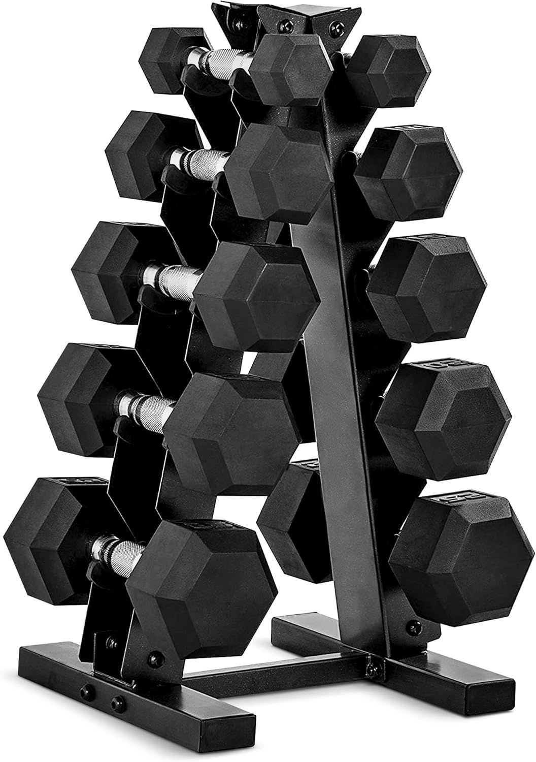 Displays the complete dumbbell set with organized storage rack to show shoppers exactly what they will receive and how the product keeps weights organized and accessible. Shows all included…